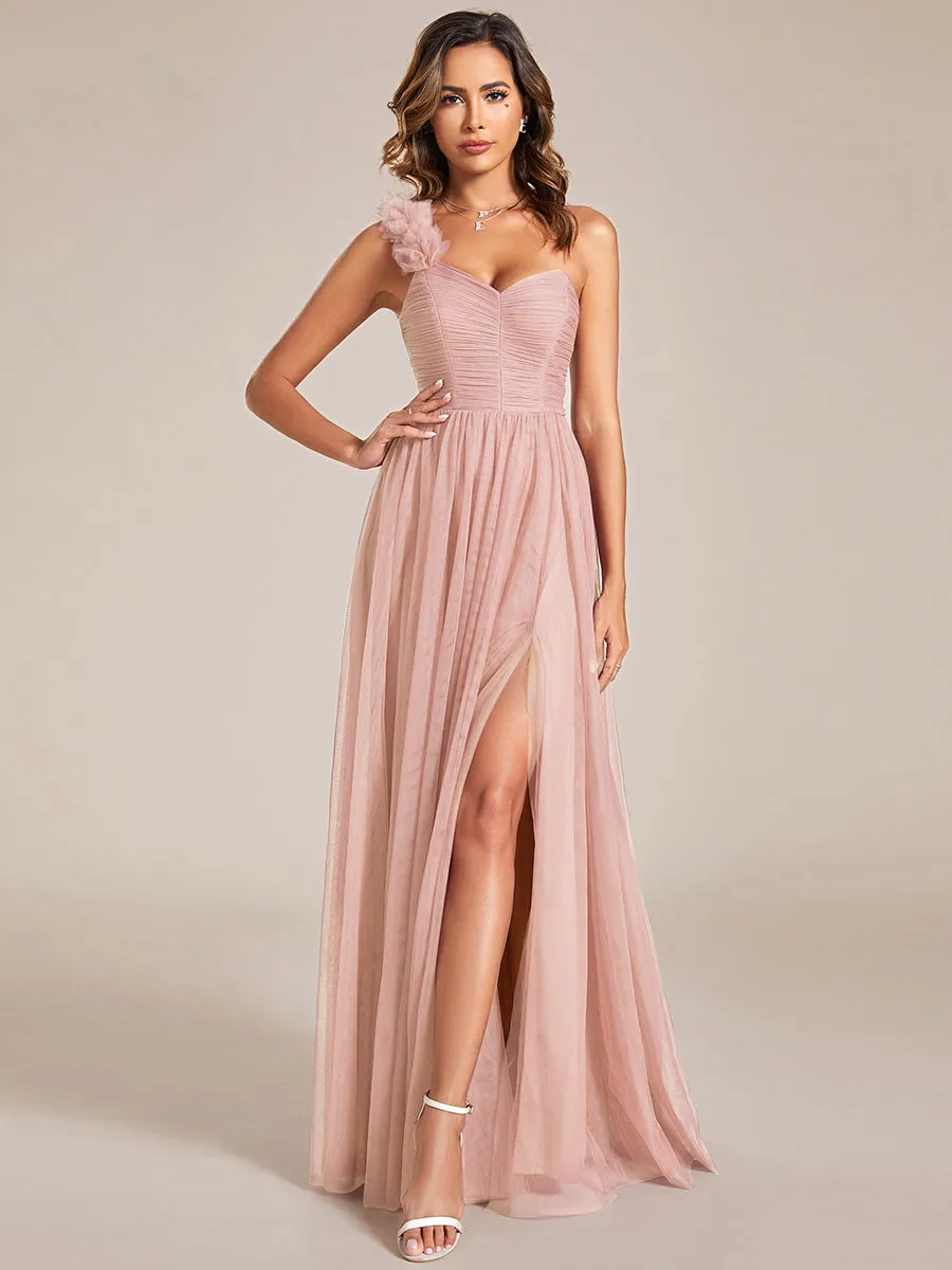 Backless One Shoulder Pleated Split Tulle Wholesale Bridesmaid Dresses