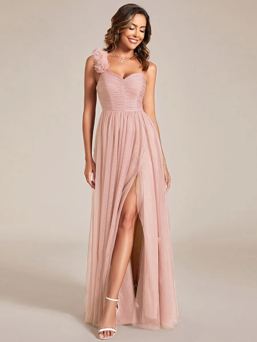 Backless One Shoulder Pleated Split Tulle Wholesale Bridesmaid Dresses