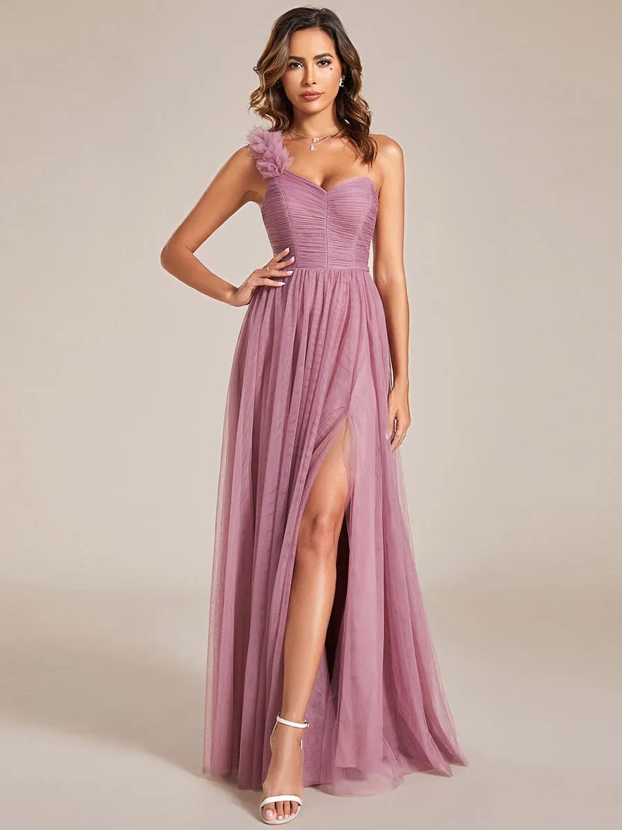Backless One Shoulder Pleated Split Tulle Wholesale Bridesmaid Dresses