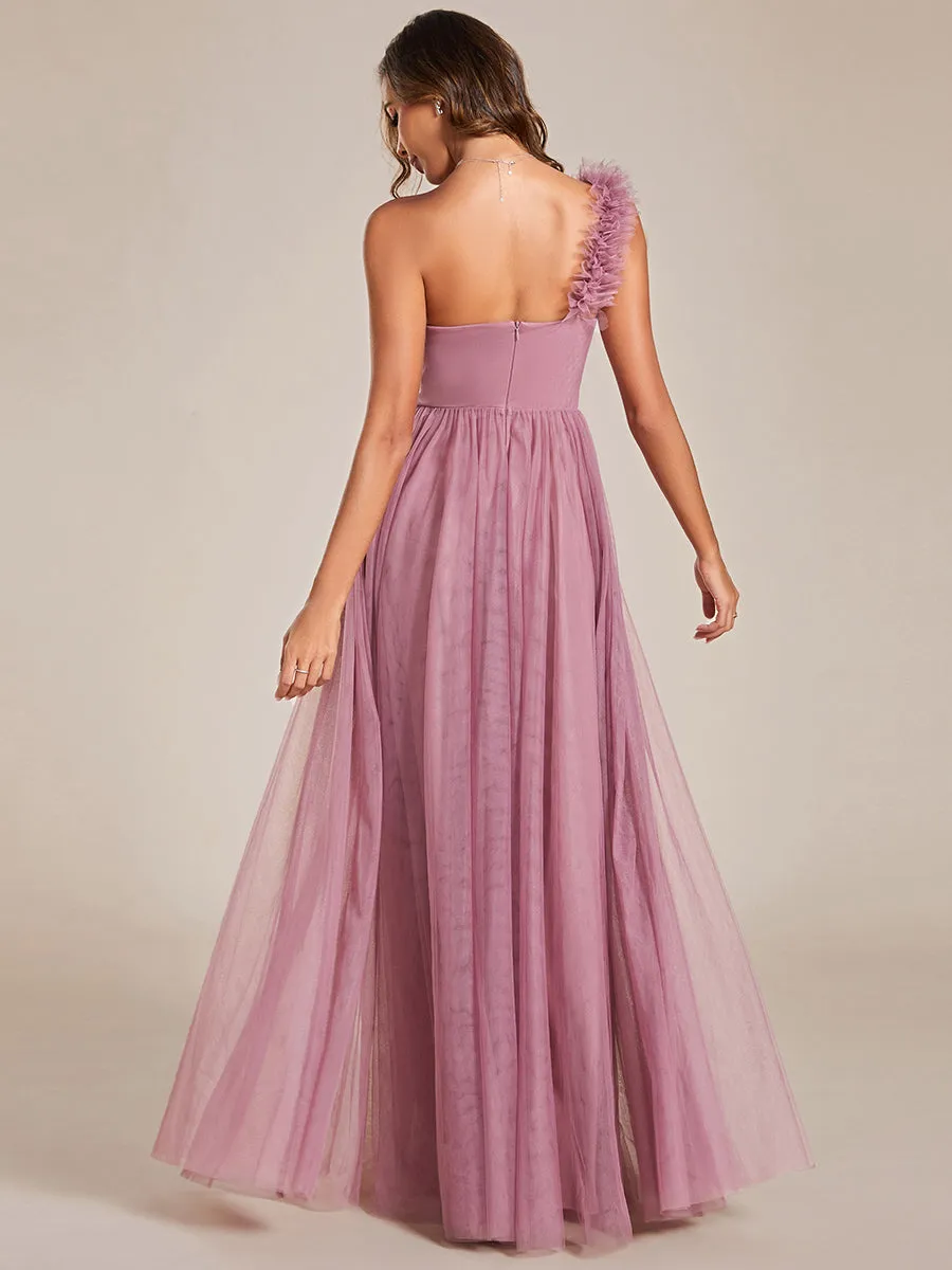 Backless One Shoulder Pleated Split Tulle Wholesale Bridesmaid Dresses