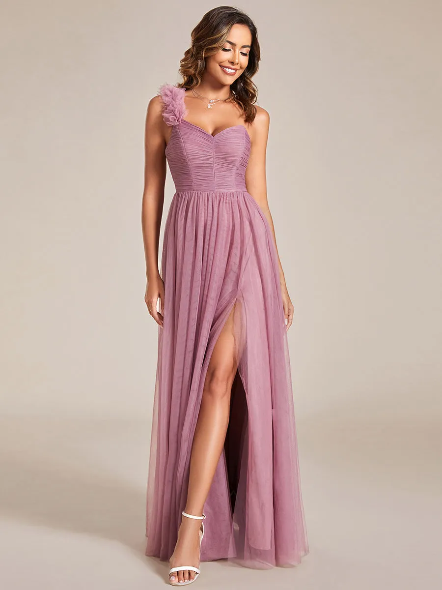 Backless One Shoulder Pleated Split Tulle Wholesale Bridesmaid Dresses