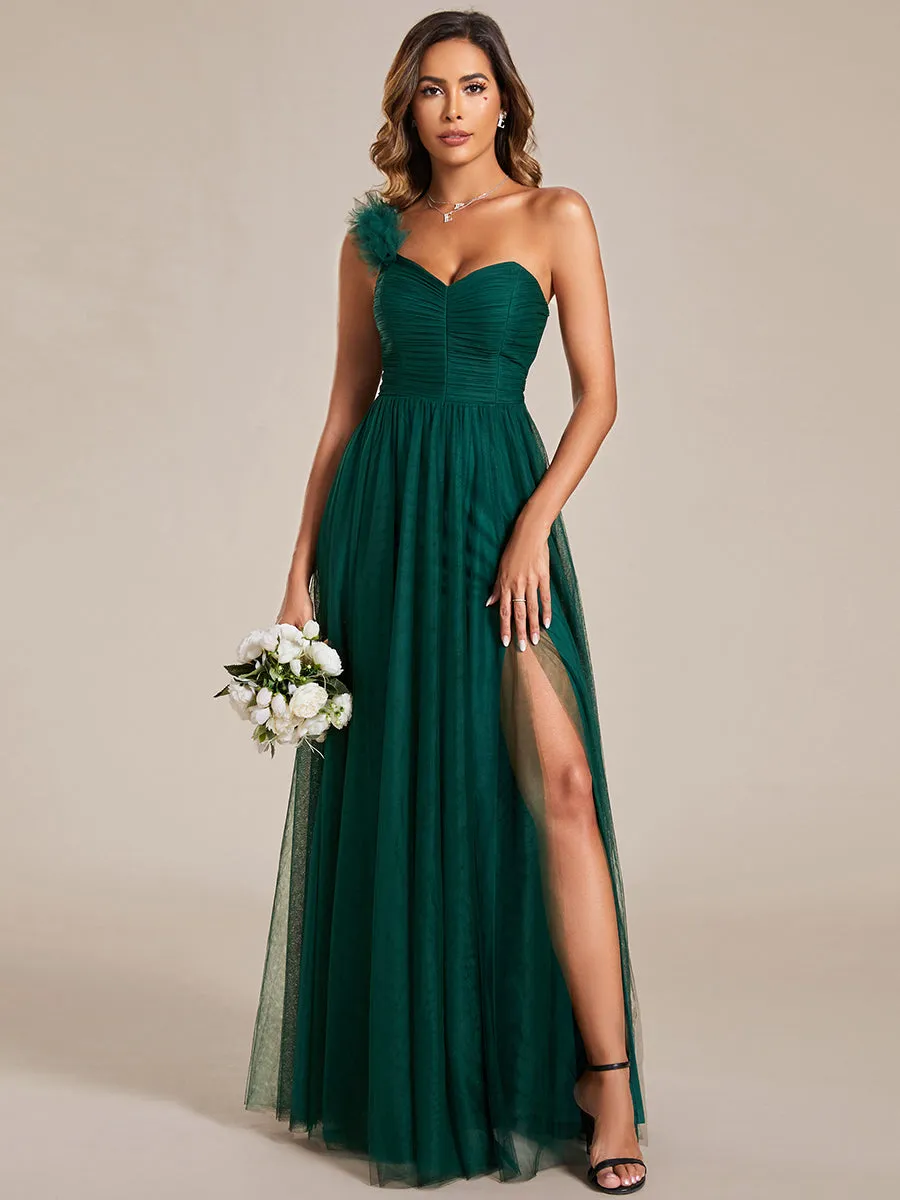 Backless One Shoulder Pleated Split Tulle Wholesale Bridesmaid Dresses