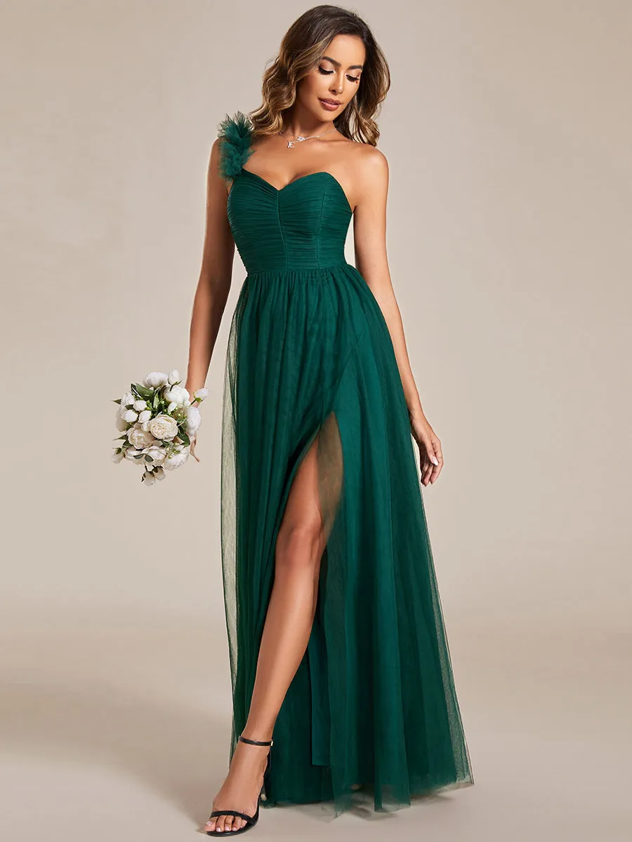 Backless One Shoulder Pleated Split Tulle Wholesale Bridesmaid Dresses