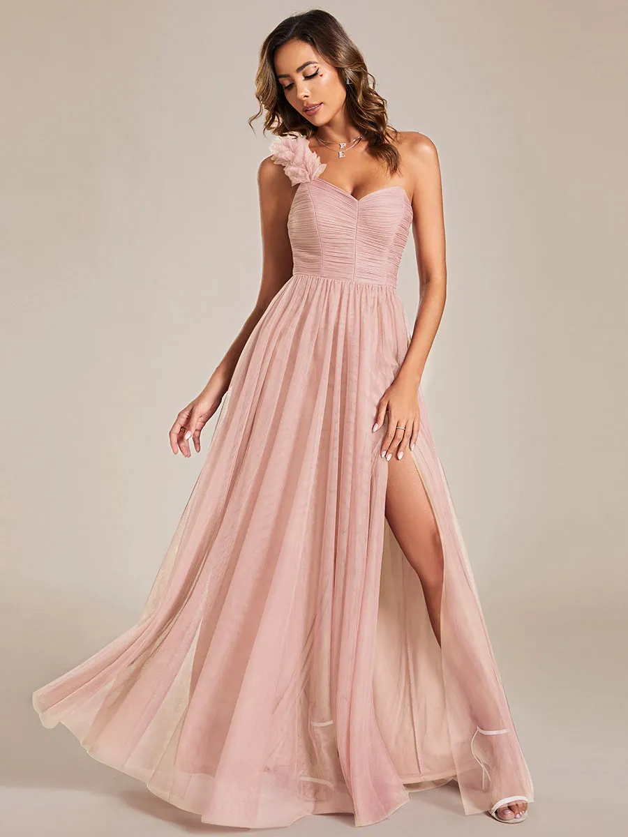 Backless One Shoulder Pleated Split Tulle Wholesale Bridesmaid Dresses