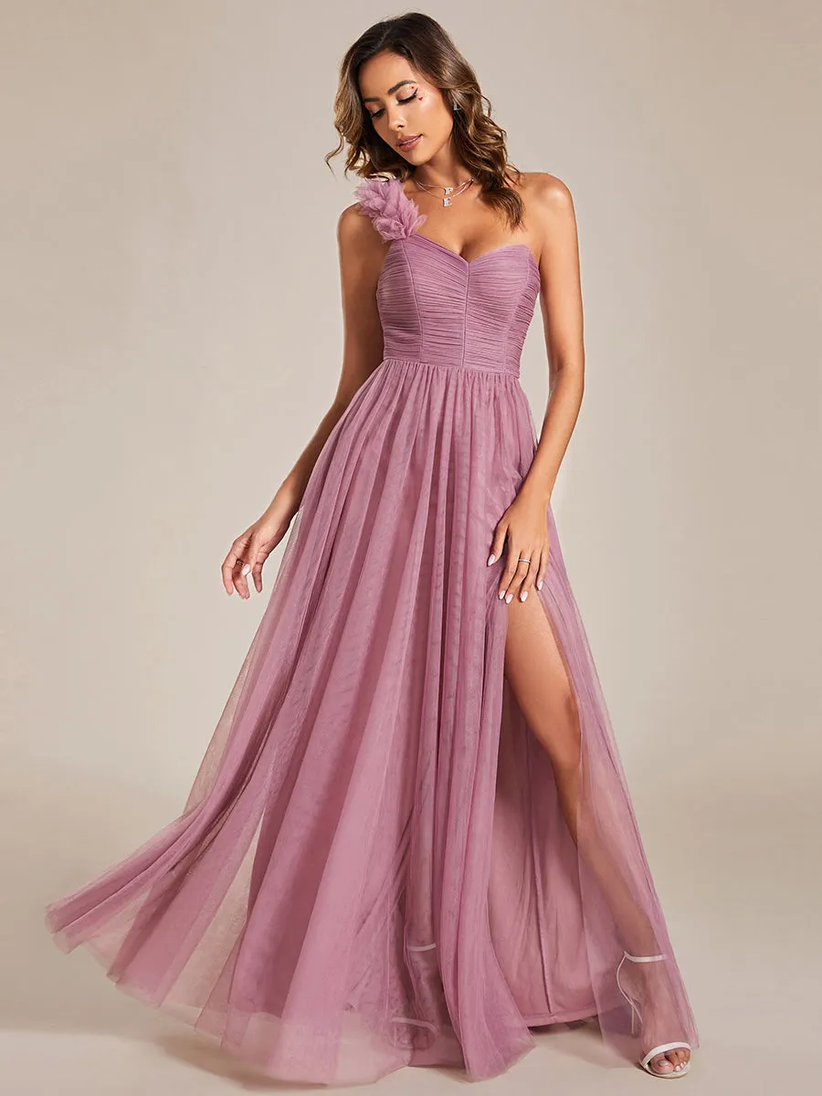 Backless One Shoulder Pleated Split Tulle Wholesale Bridesmaid Dresses