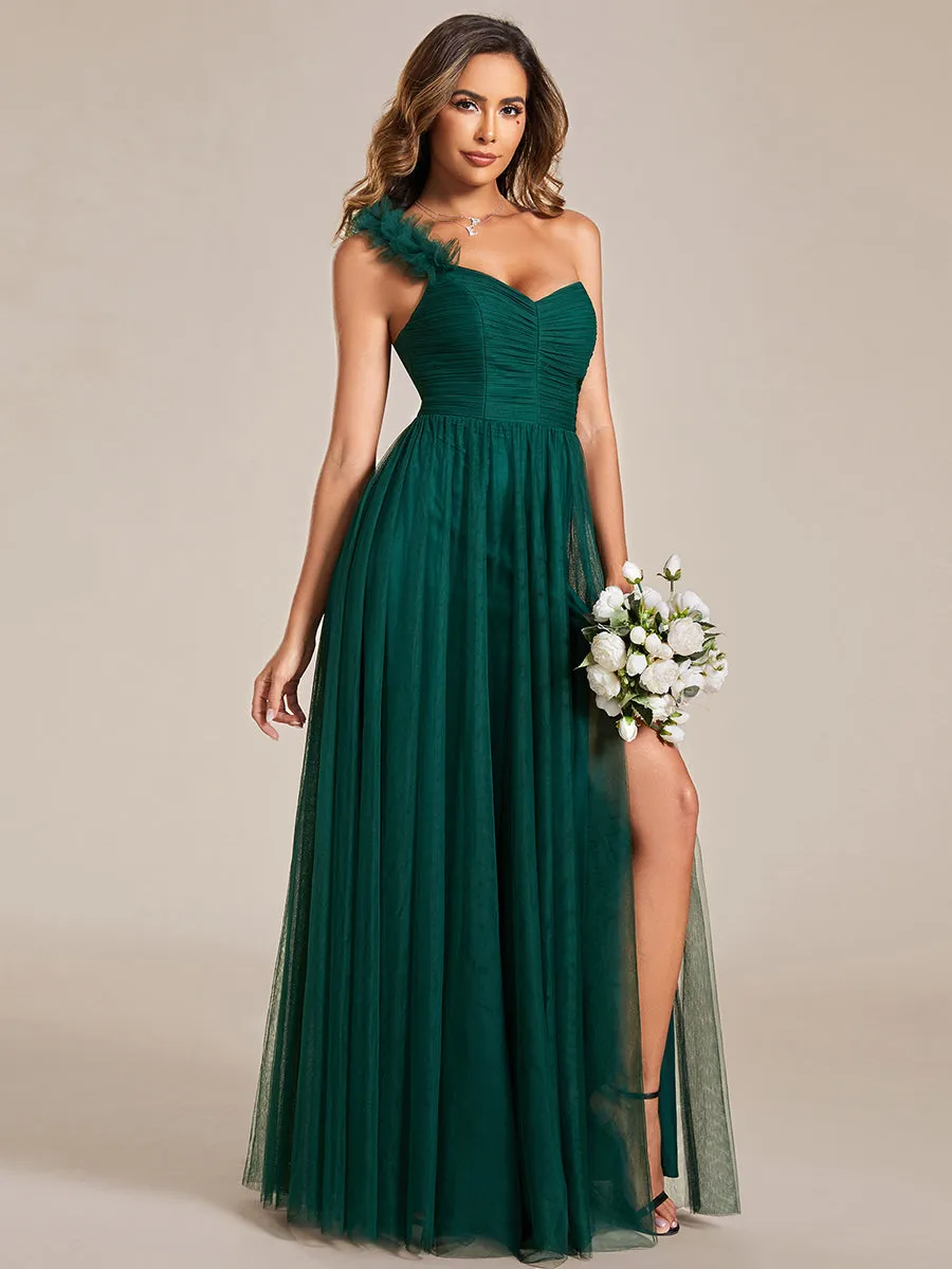 Backless One Shoulder Pleated Split Tulle Wholesale Bridesmaid Dresses