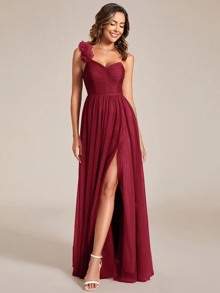 Backless One Shoulder Pleated Split Tulle Wholesale Bridesmaid Dresses