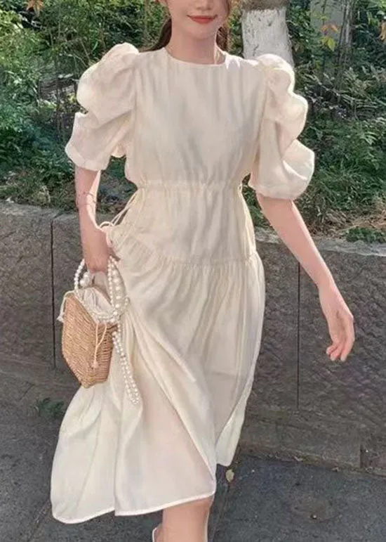 Chic Apricot O Neck Wrinkled Patchwork Silk Dresses Puff Sleeve LY2631