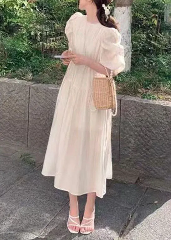 Chic Apricot O Neck Wrinkled Patchwork Silk Dresses Puff Sleeve LY2631