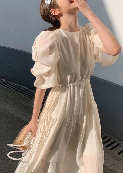 Chic Apricot O Neck Wrinkled Patchwork Silk Dresses Puff Sleeve LY2631