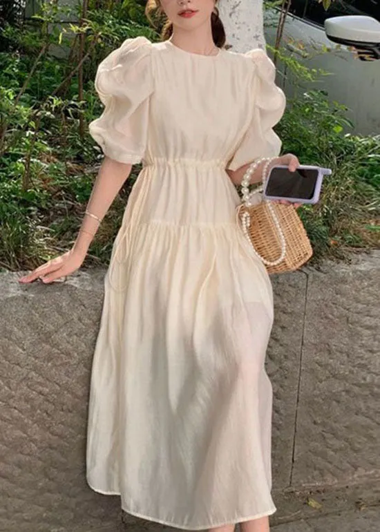 Chic Apricot O Neck Wrinkled Patchwork Silk Dresses Puff Sleeve LY2631