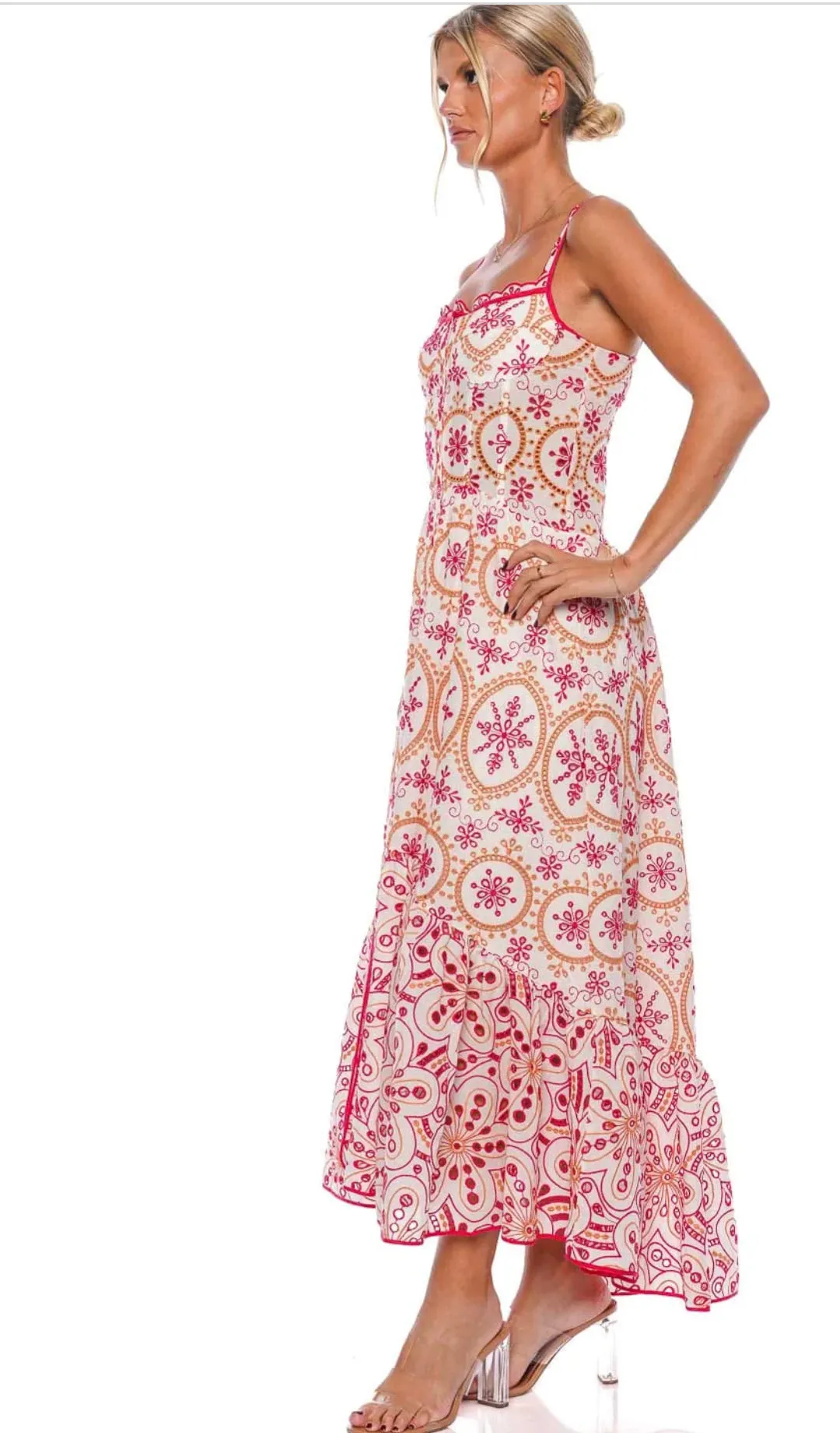 Corseted Sweetheart Eyelet Dress in Multi Coral