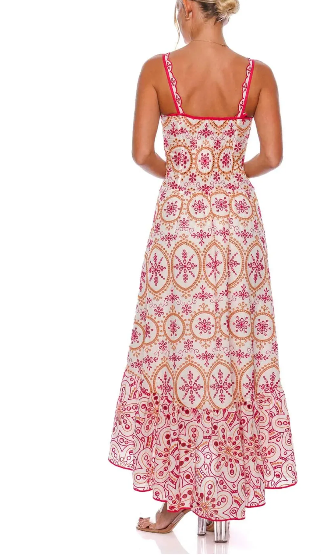 Corseted Sweetheart Eyelet Dress in Multi Coral