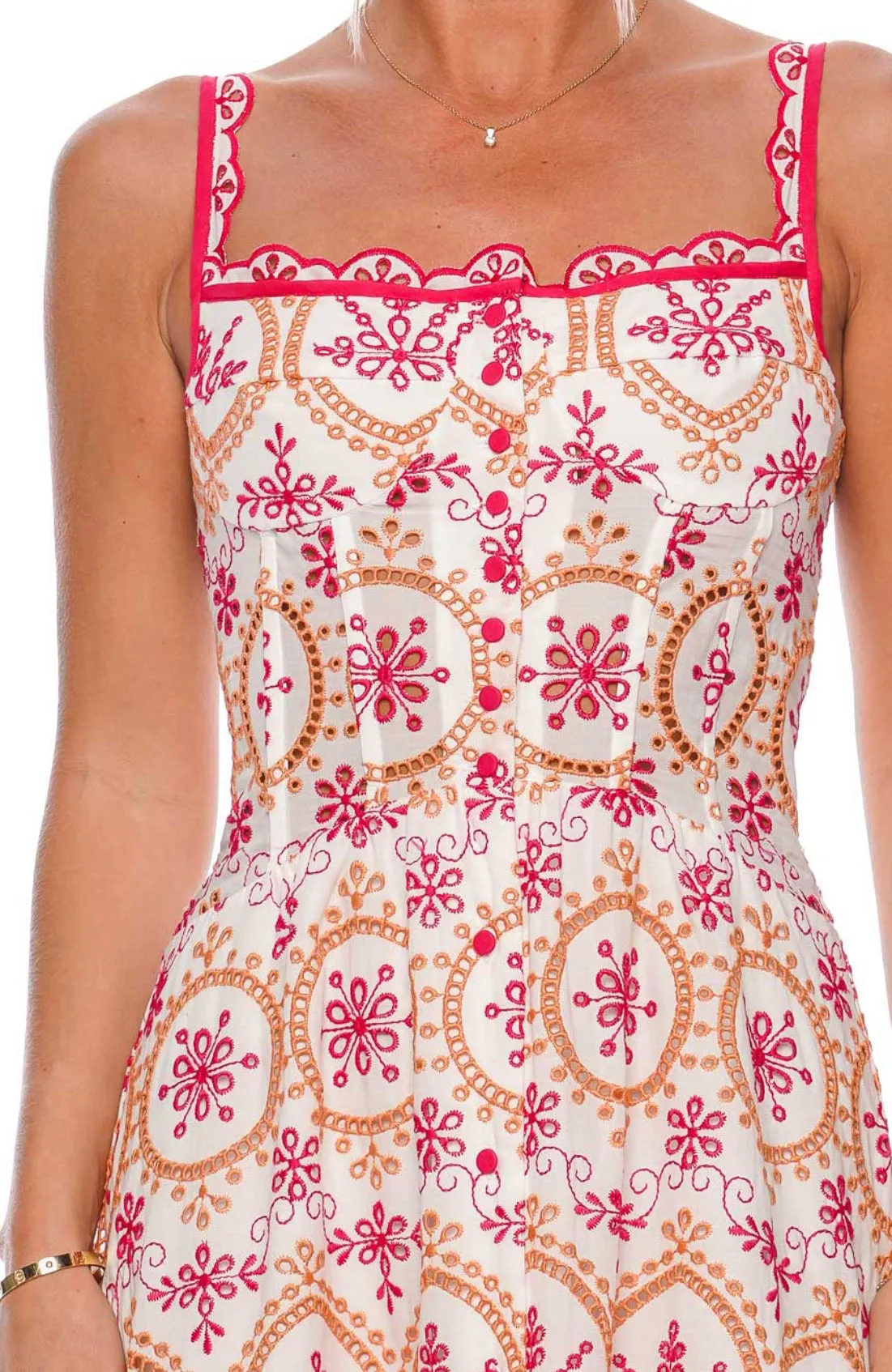 Corseted Sweetheart Eyelet Dress in Multi Coral