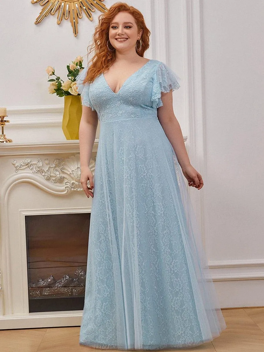 Double V Neck Long Lace Evening Dress with Ruffle Sleeves