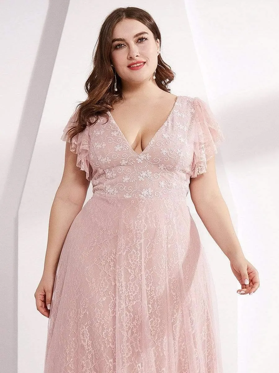 Double V Neck Long Lace Evening Dress with Ruffle Sleeves