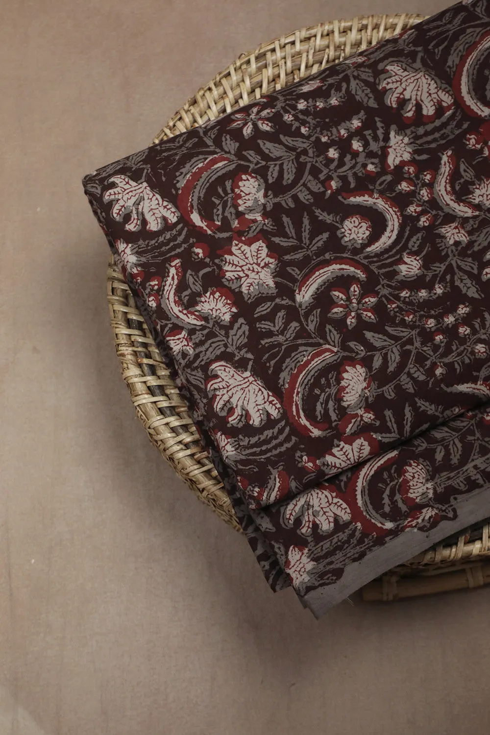 Florals on Deep Brown Dabu Cotton Fabric - 0.5m