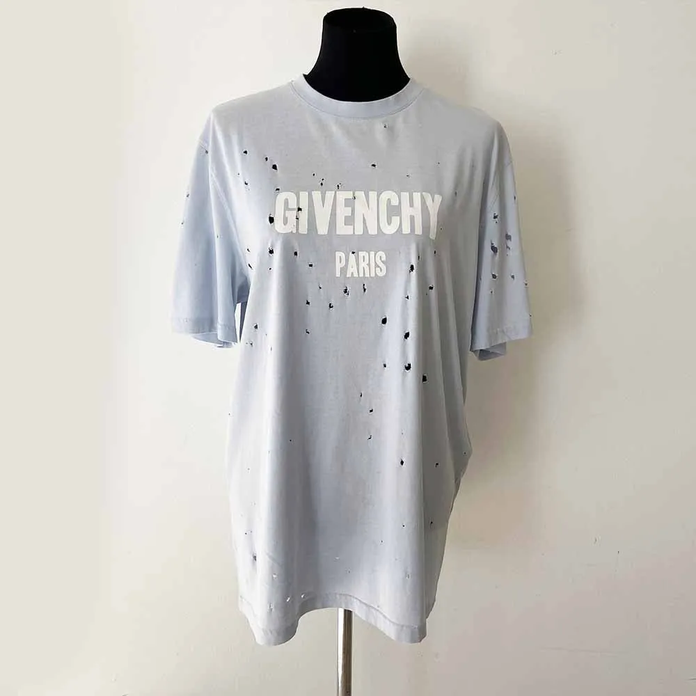 Givenchy Light Blue Distressed Logo T Shirt