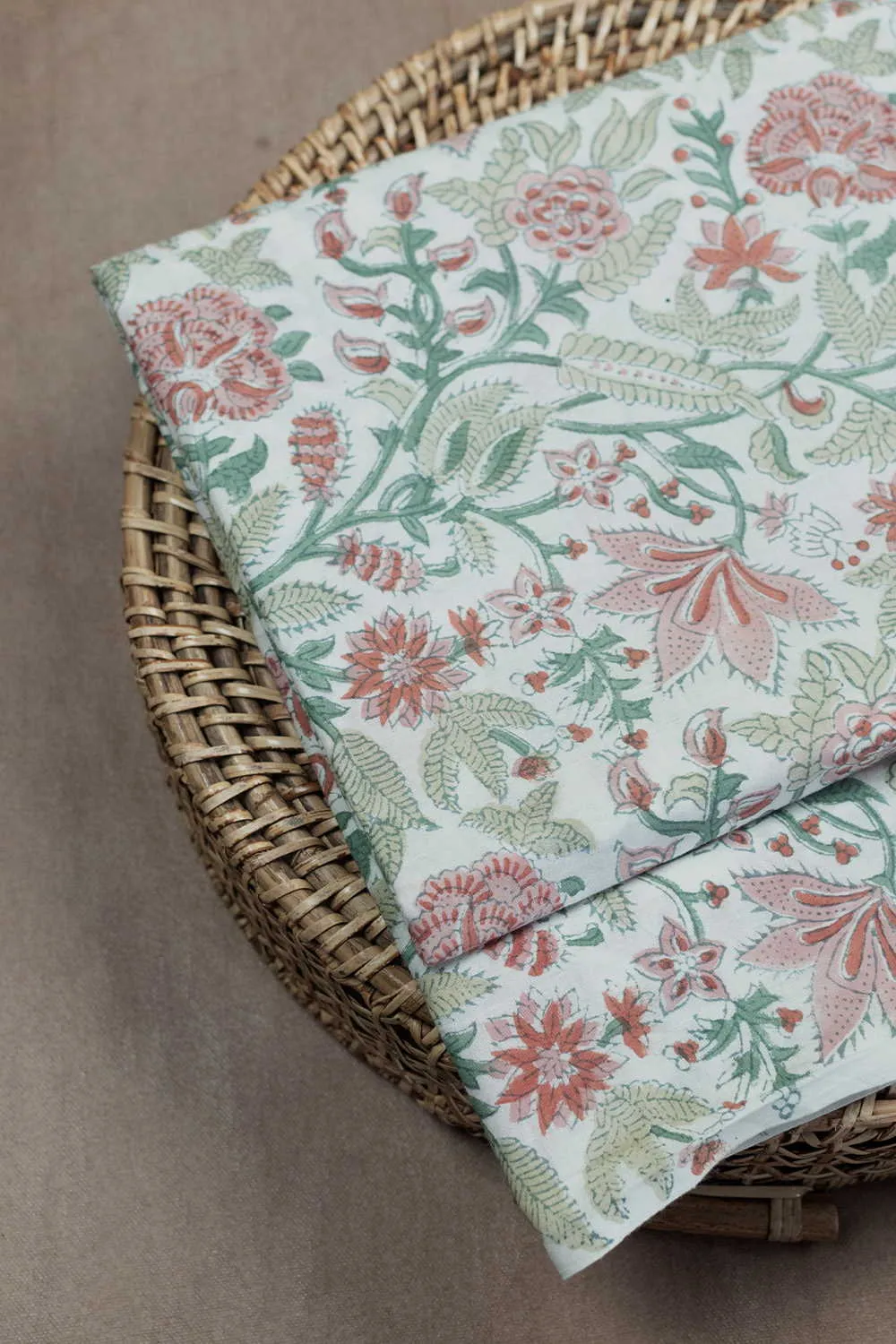 Green & Peach Floral Sanganeri Cotton Fabric