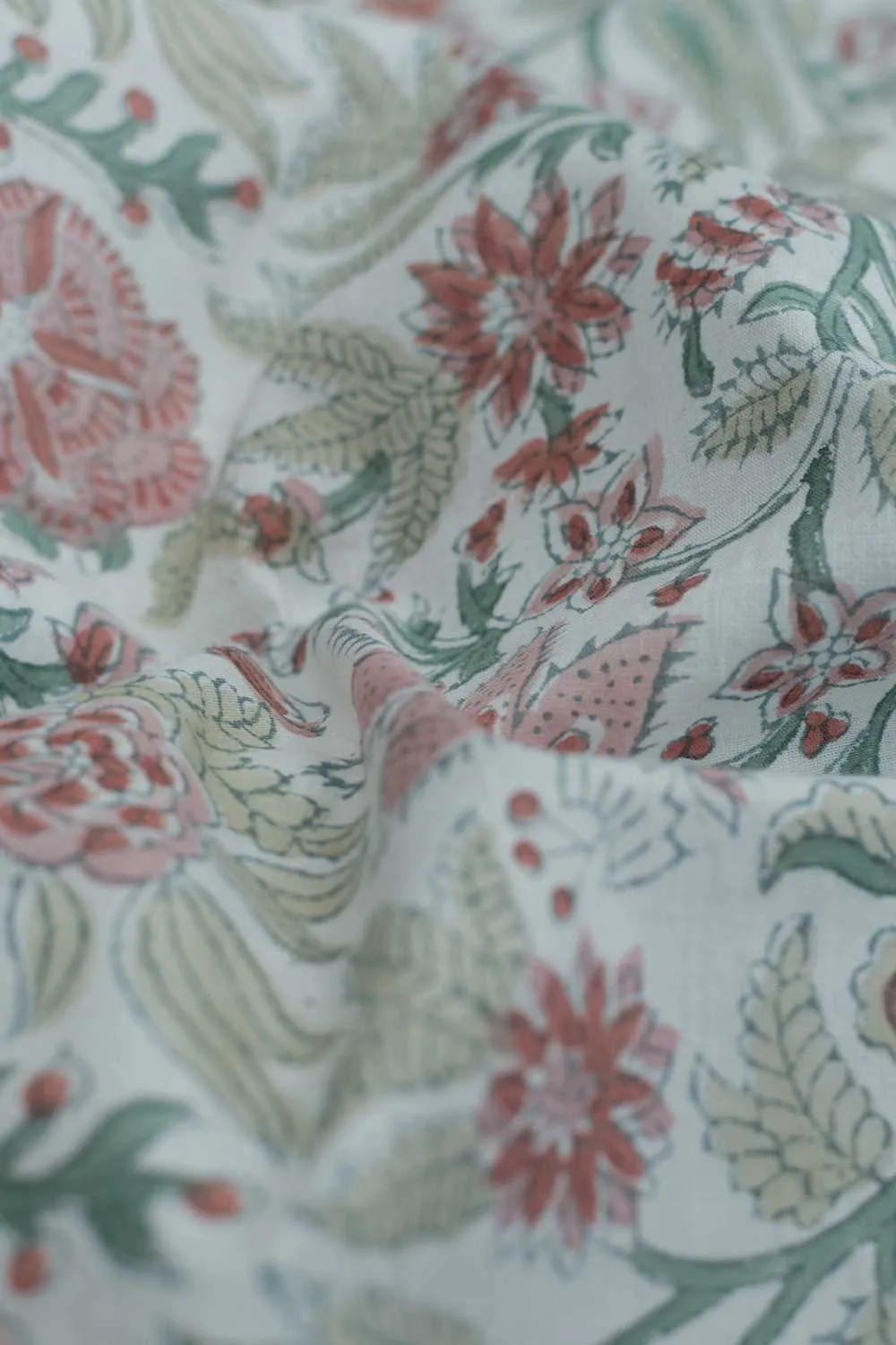 Green & Peach Floral Sanganeri Cotton Fabric