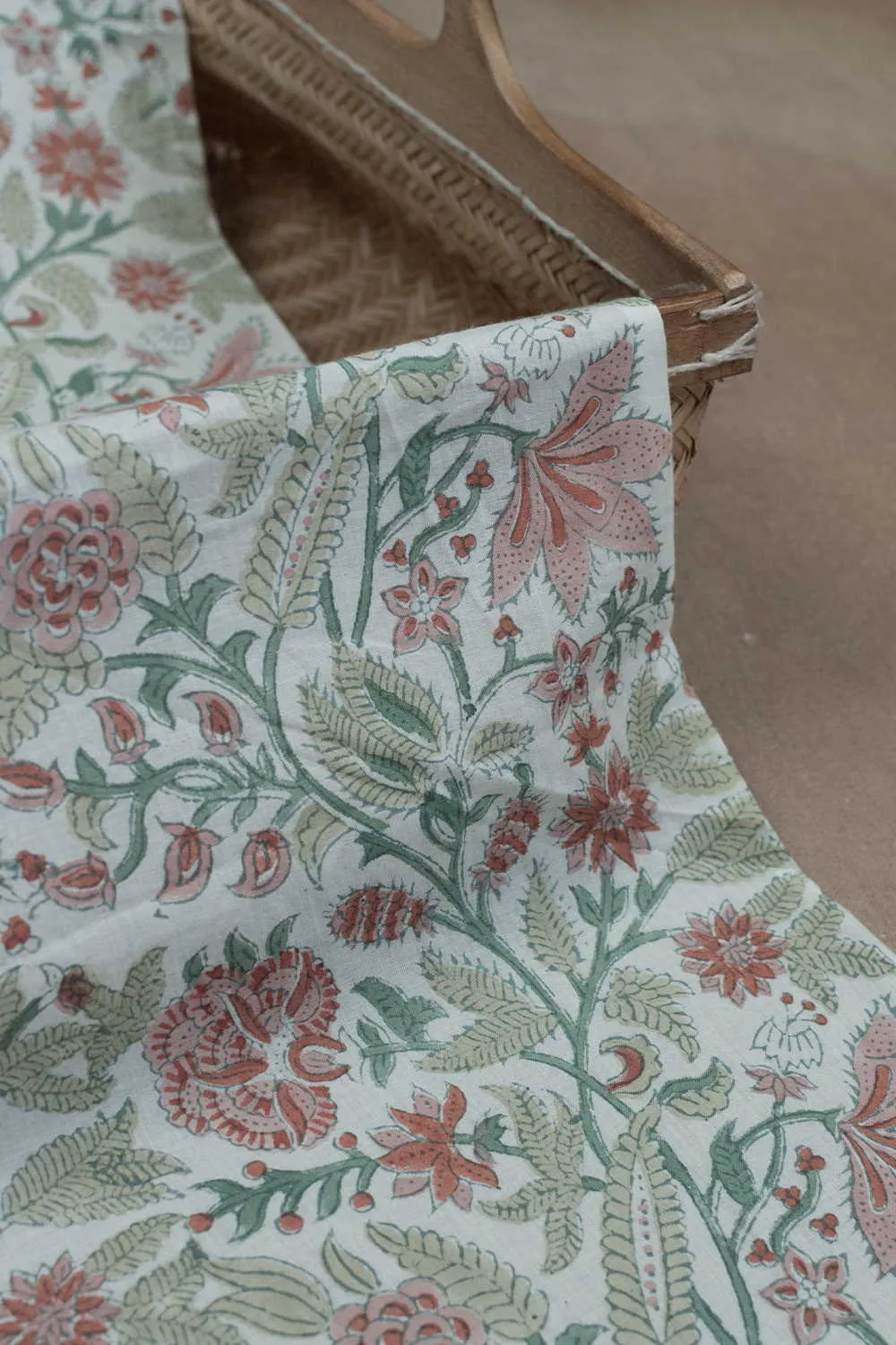 Green & Peach Floral Sanganeri Cotton Fabric