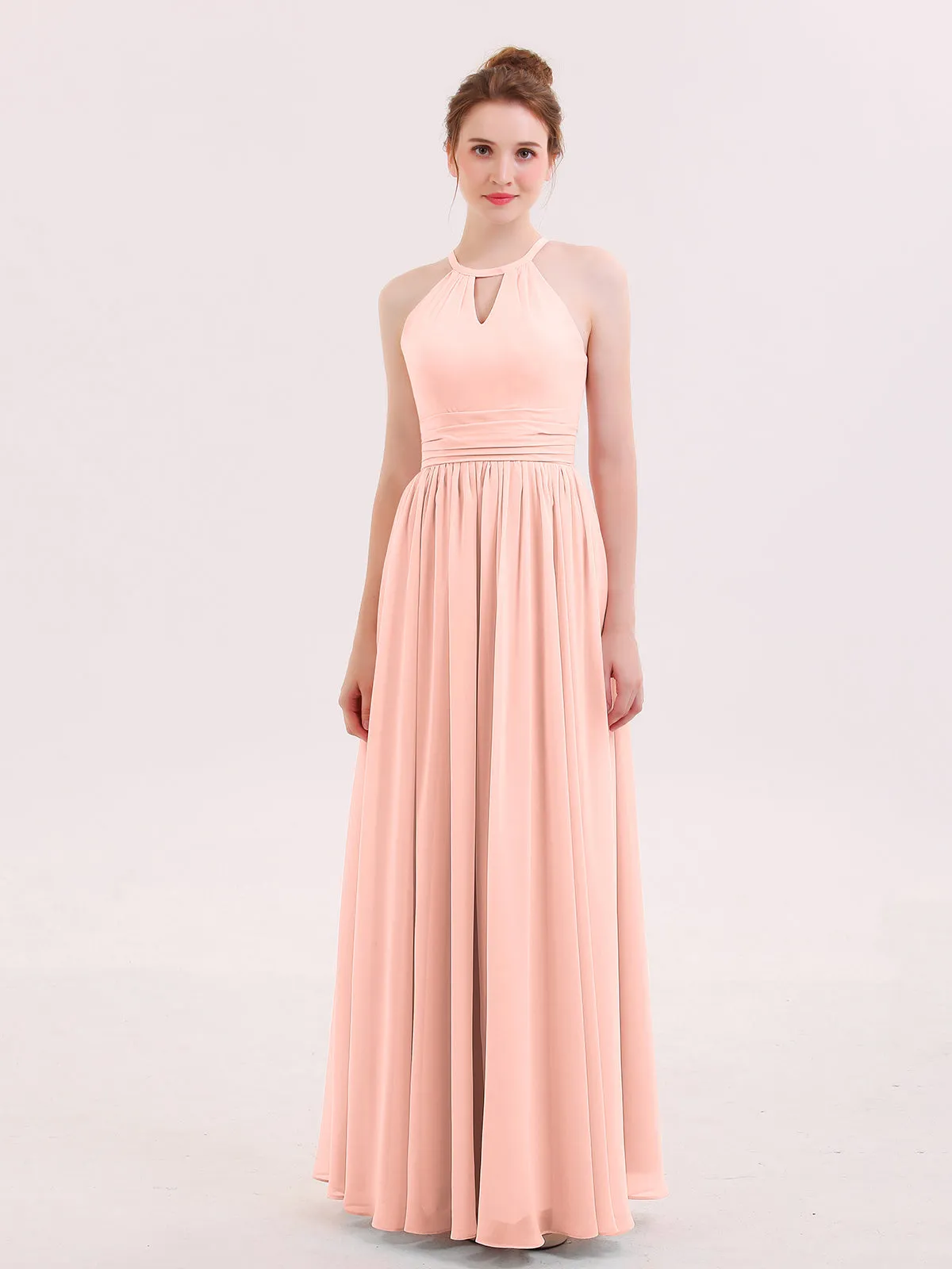 Halter Long Chiffon Dress of Bridesmaids Coral Plus Size
