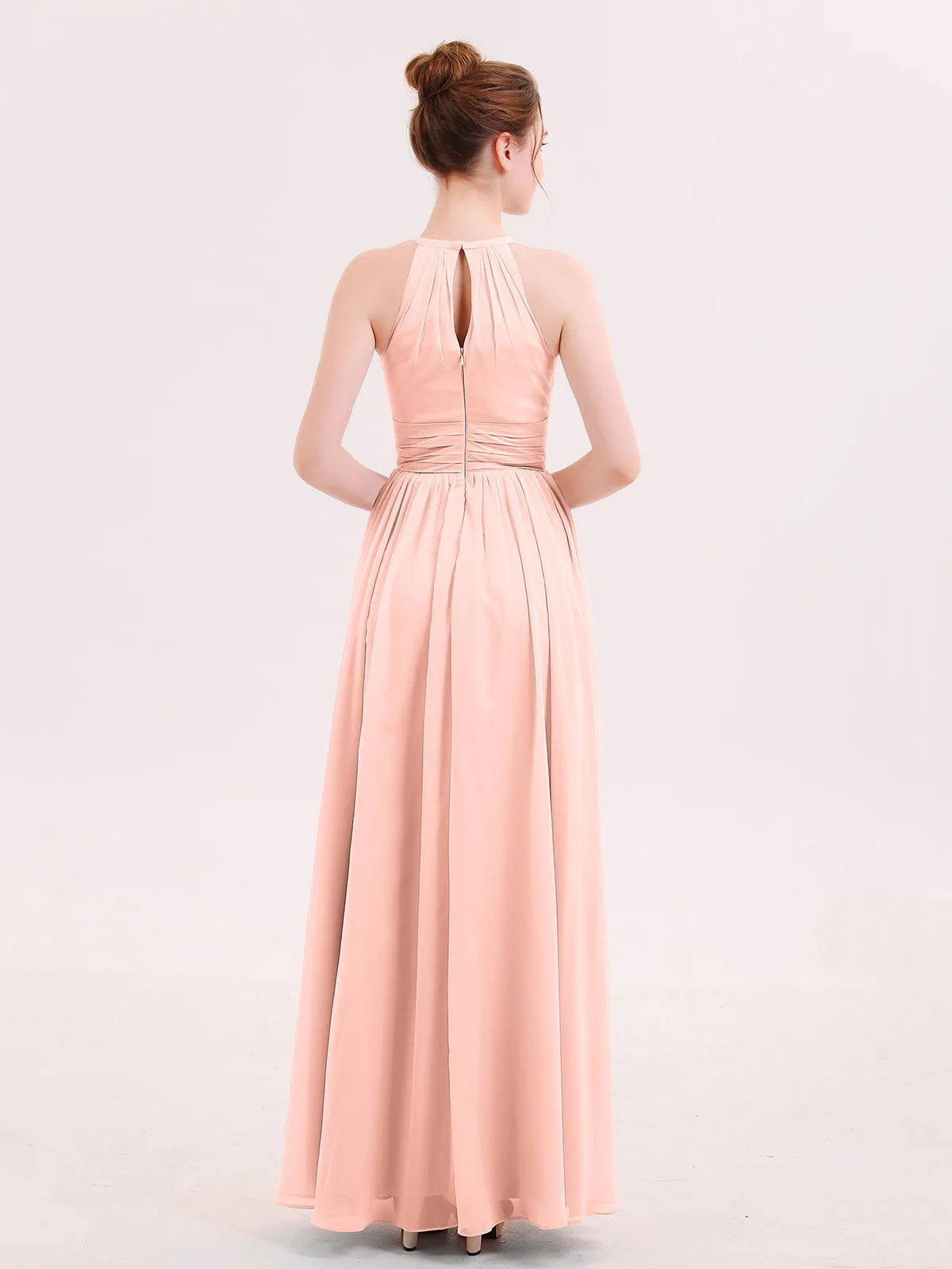 Halter Long Chiffon Dress of Bridesmaids Coral Plus Size