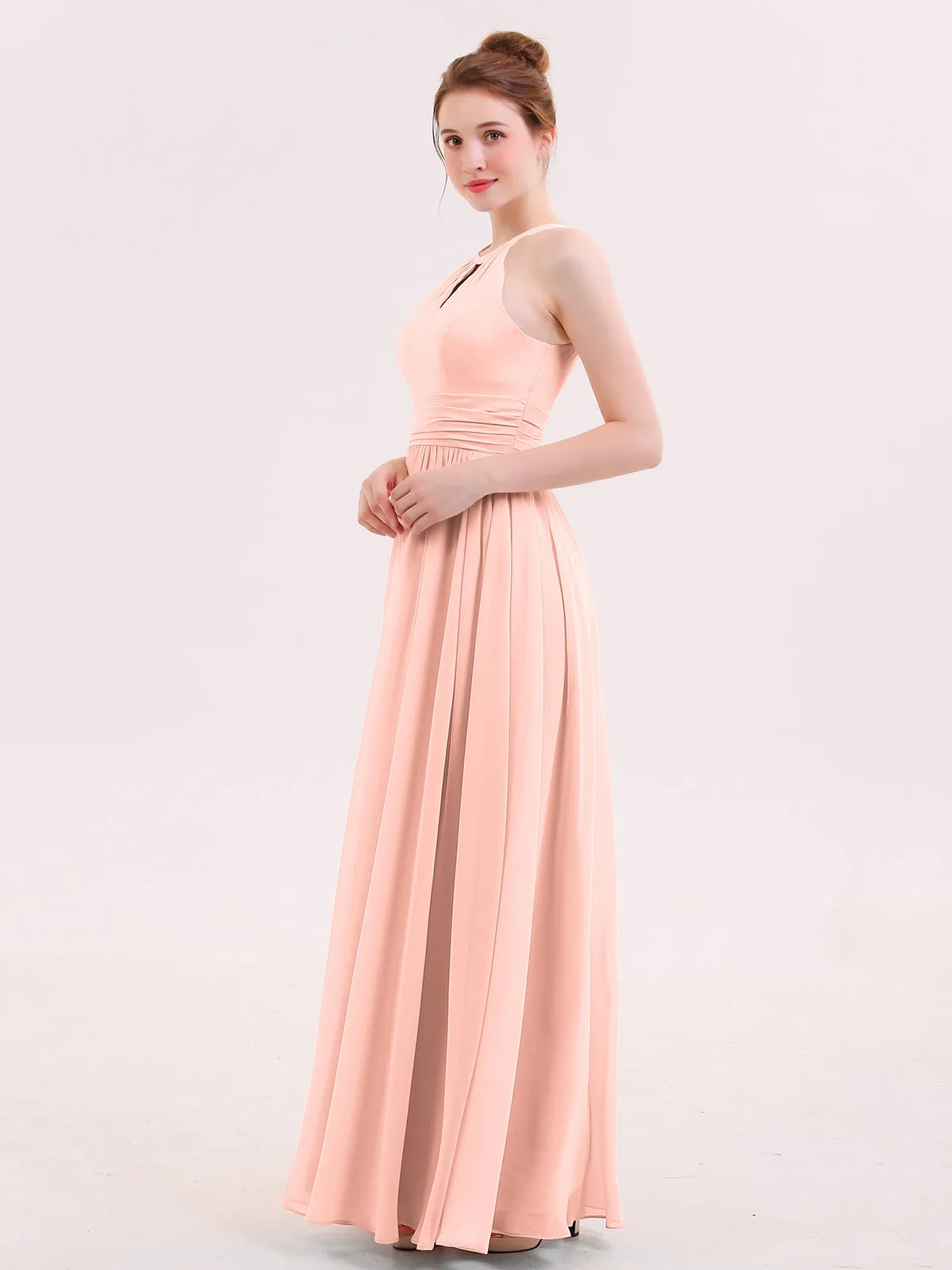 Halter Long Chiffon Dress of Bridesmaids Coral Plus Size