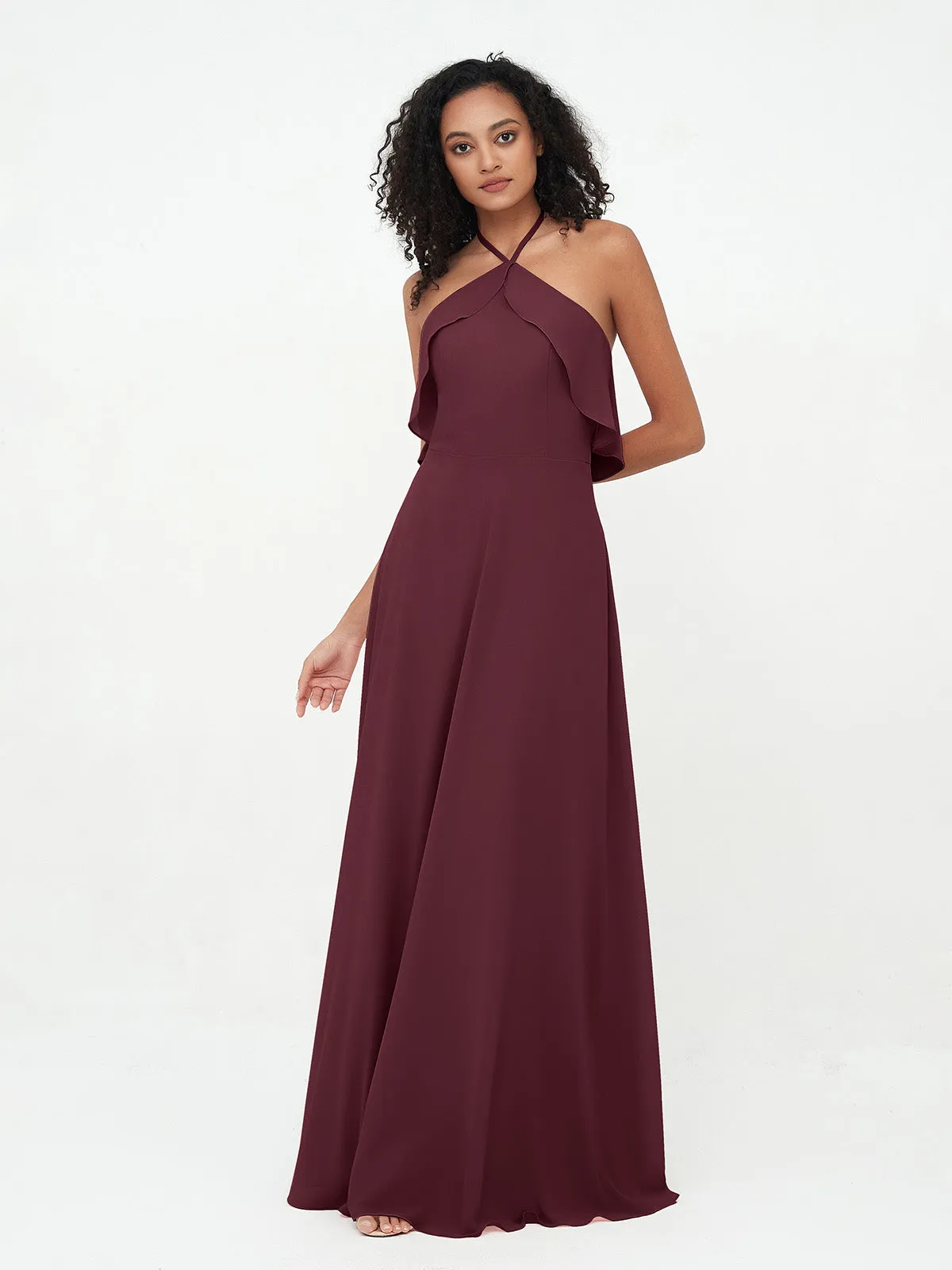 Halter Strap Chiffon Long Bridesmaid Dresses Cabernet