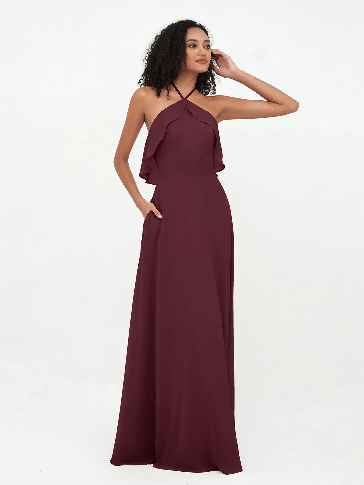 Halter Strap Chiffon Long Bridesmaid Dresses Cabernet