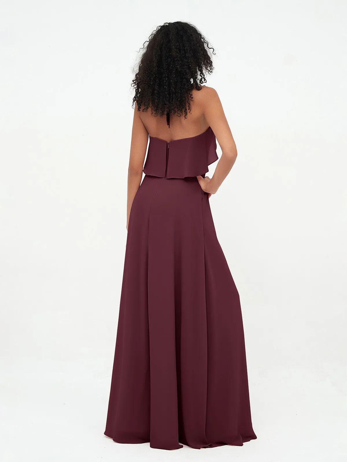 Halter Strap Chiffon Long Bridesmaid Dresses Cabernet