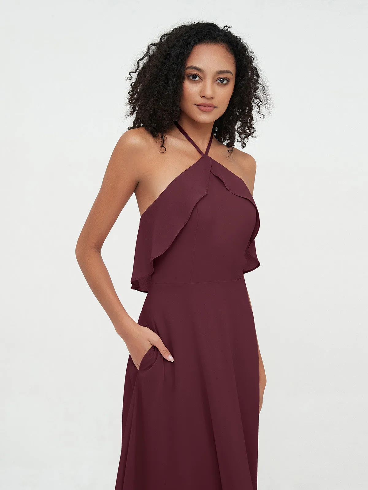 Halter Strap Chiffon Long Bridesmaid Dresses Cabernet