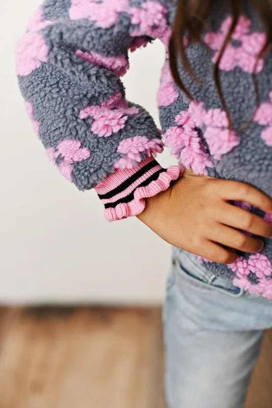 Kids Pink Daisy Scalloped Neck Fall Winter Sweater