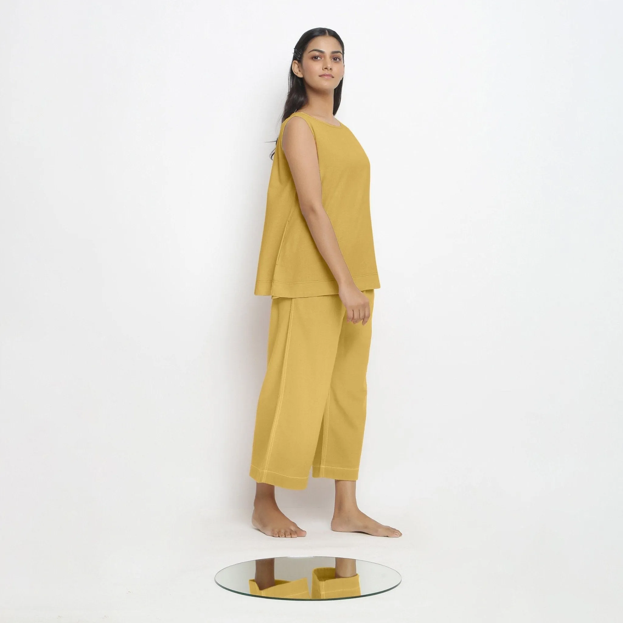Light Yellow Handspun Cotton Boat Neck Sleeveless Top