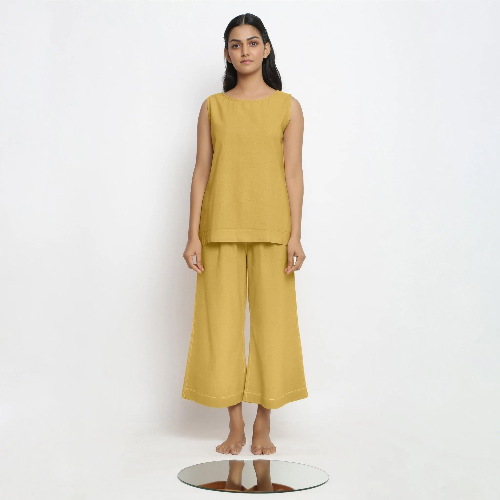 Light Yellow Handspun Cotton Boat Neck Sleeveless Top