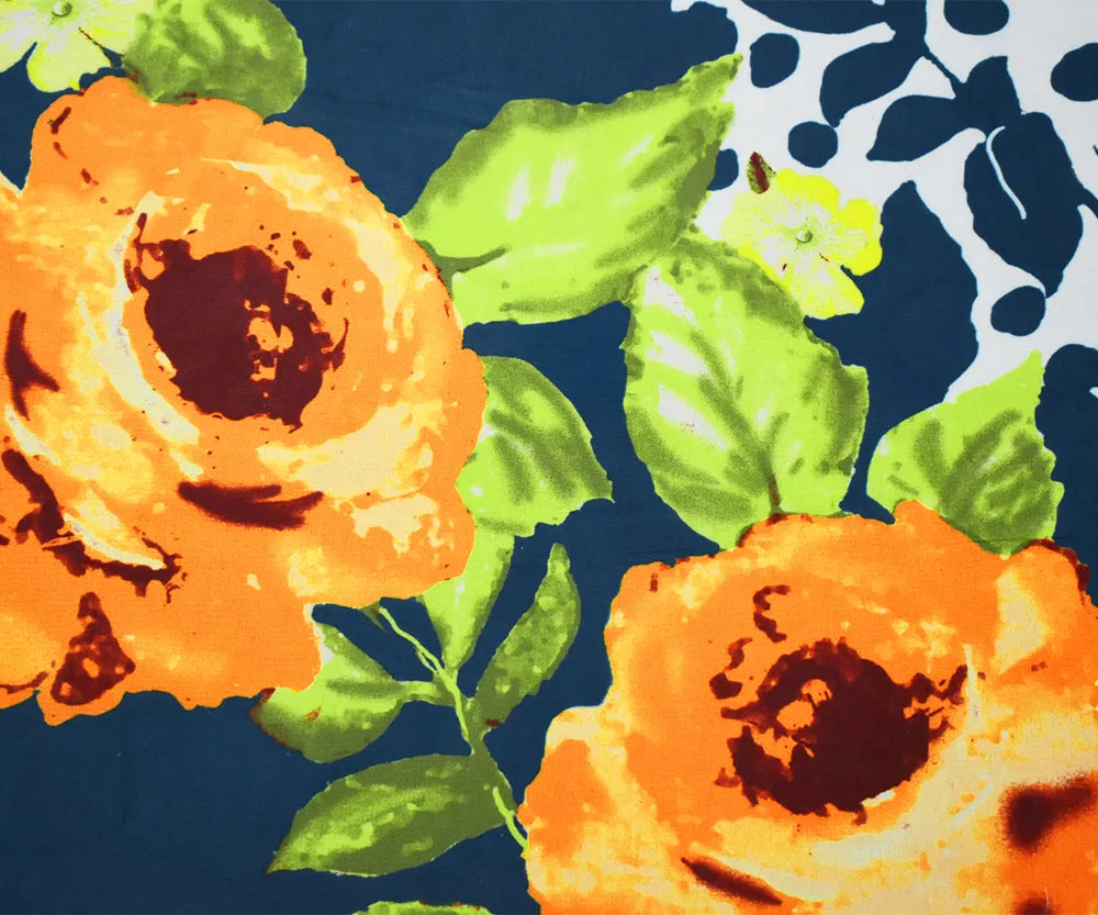Orange-Blue-Multi Floral Dots Printed Poly Chiffon Woven Fabric