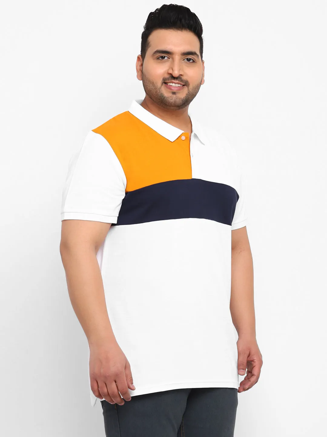 Plus Men's White, Navy Blue, Gold Colour-Block Regular Fit Half Sleeve Cotton Polo T-Shirt