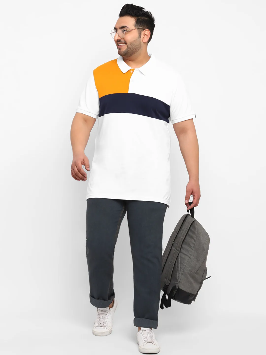Plus Men's White, Navy Blue, Gold Colour-Block Regular Fit Half Sleeve Cotton Polo T-Shirt