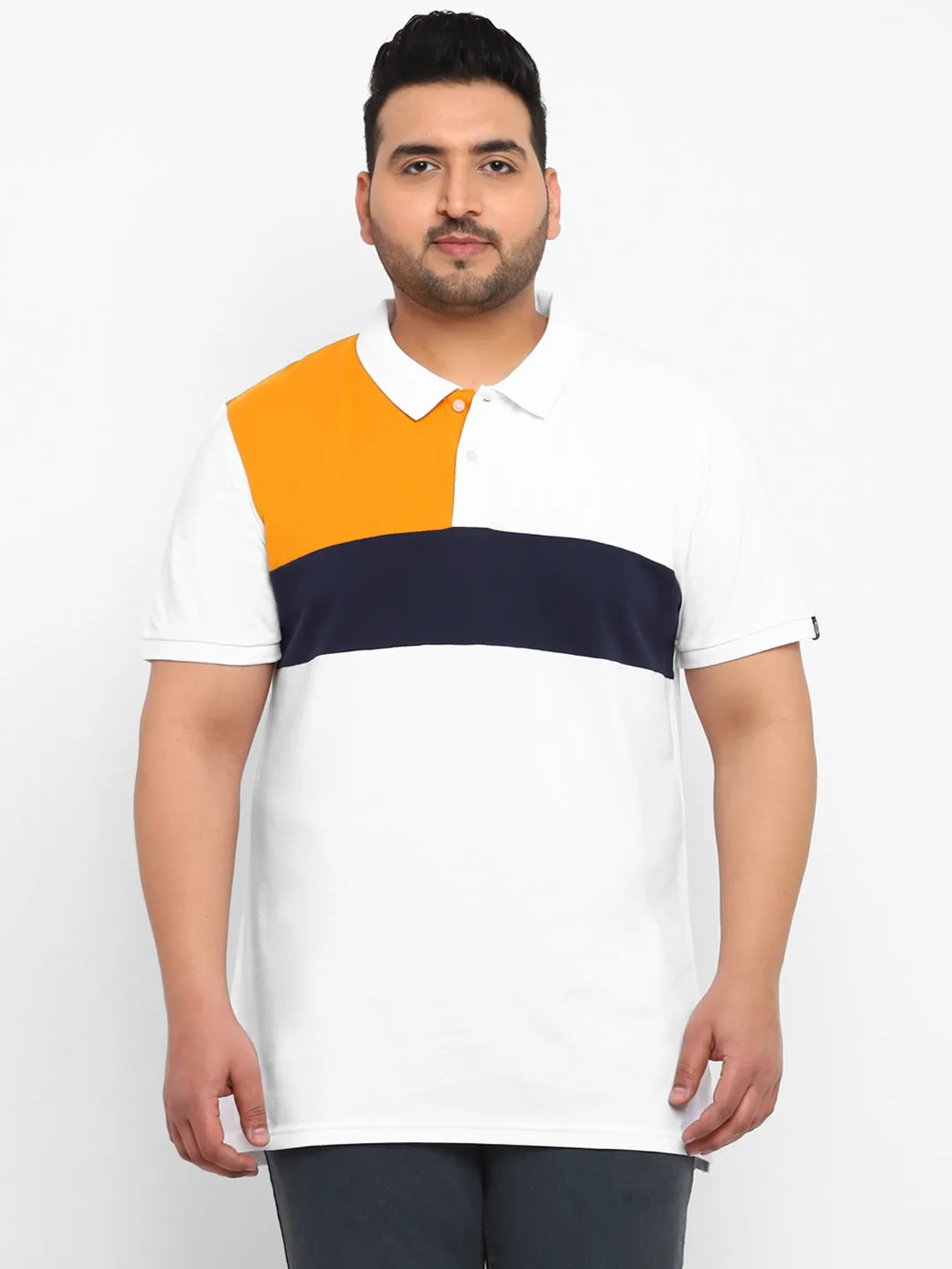 Plus Men's White, Navy Blue, Gold Colour-Block Regular Fit Half Sleeve Cotton Polo T-Shirt