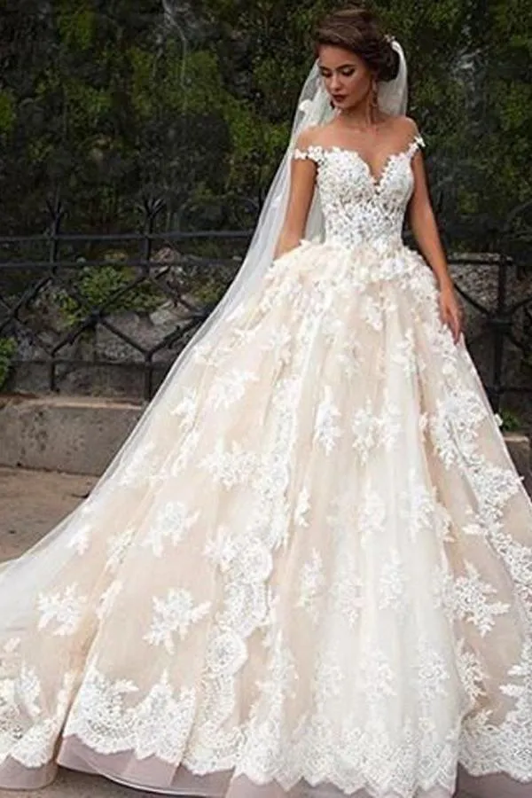 Romantic Jewel Cap Sleeves Ball Gown Wedding Dress with Lace Top PFW0092