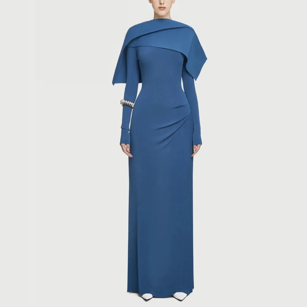 Shawl Design Cape Collar Long Sleeve High Waist Spliced Zip Backless Chic Dress