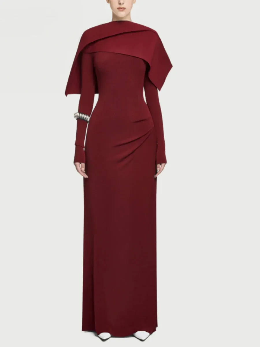 Shawl Design Cape Collar Long Sleeve High Waist Spliced Zip Backless Chic Dress