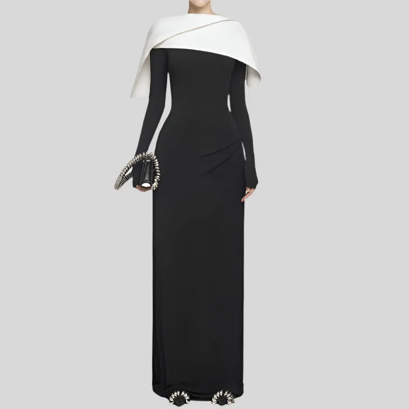 Shawl Design Cape Collar Long Sleeve High Waist Spliced Zip Backless Chic Dress