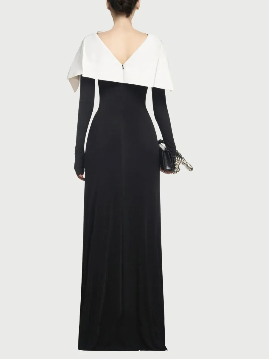 Shawl Design Cape Collar Long Sleeve High Waist Spliced Zip Backless Chic Dress