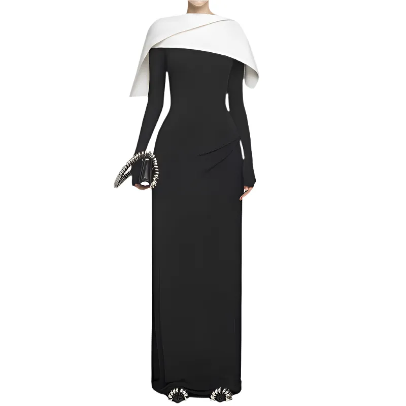 Shawl Design Cape Collar Long Sleeve High Waist Spliced Zip Backless Chic Dress