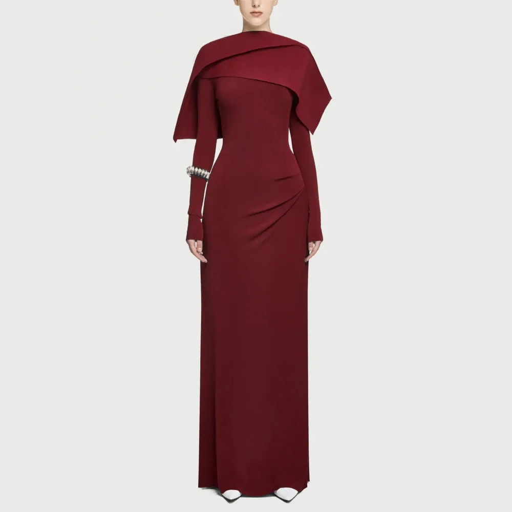 Shawl Design Cape Collar Long Sleeve High Waist Spliced Zip Backless Chic Dress