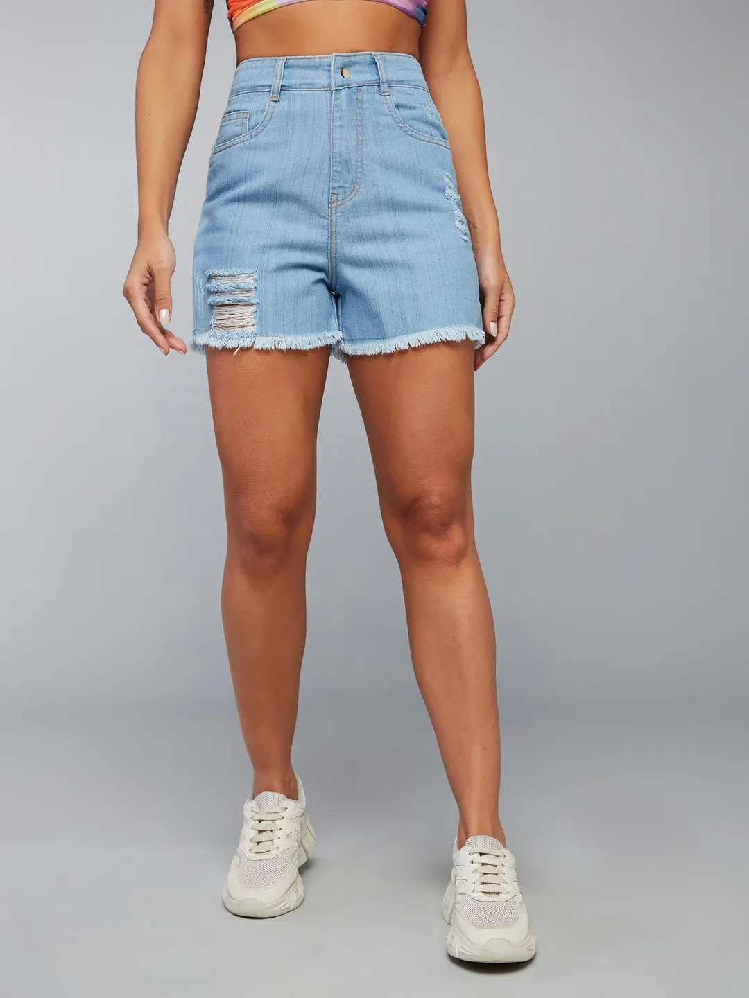 Women's Blue Relaxed Fit Mid-Rise Highly Distressed Regular Length Denim Shorts
